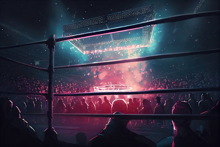 cage fight arena, with cheering crowd and flashing lights, during the night of exciting fights, created with generative aiの素材