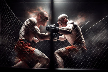 high-energy cage fight, with fighters throwing punches and kicks in close quarters, created with generative aiの素材