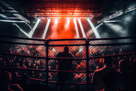 cage fight arena with bright lights, intense music, and cheering crowd, created with generative aiの素材
