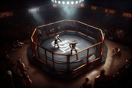 cage fight arena, with fighters in their corners on the verge of battle, created with generative aiの素材