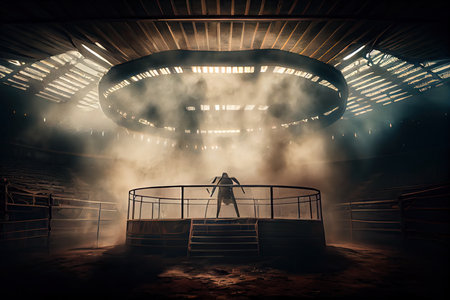 cage fight arena, with dramatic lighting and smoke effects, for an intense and captivating atmosphere, created with generative aiの素材