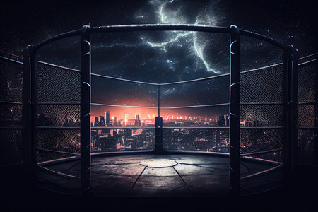 cage fight arena with a view of city skyline and night sky, created with generative aiの素材