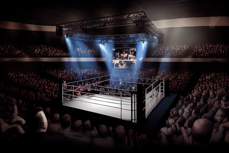 cage fight arena, with view of the audience and a live broadcast on video, created with generative aiの素材