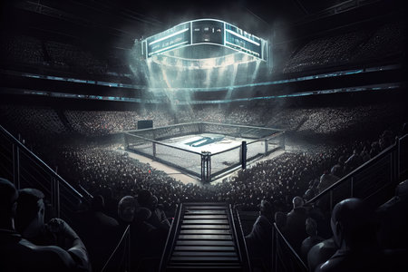 fight cage, with view of the crowd in a modern and sleek looking arena, created with generative aiの素材