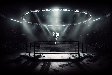 black cage fight arena surrounded by darkened hall, with only the light of the fighters and their flashing punches & kicks shining in, created with generative aiの素材