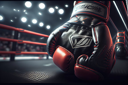 cage fight arena, with close-up of fighters glove, preparing for next round, created with generative aiの素材