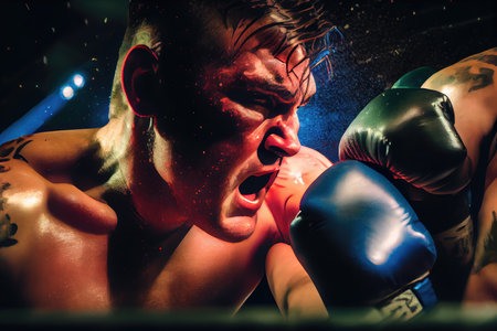 cage fight arena with dramatic lighting, close-up of combatants faces and intense action, created with generative aiの素材