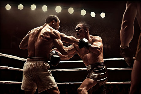 cage fight with two fighters in the ring, throwing punches and kicks at each other, created with generative aiの素材