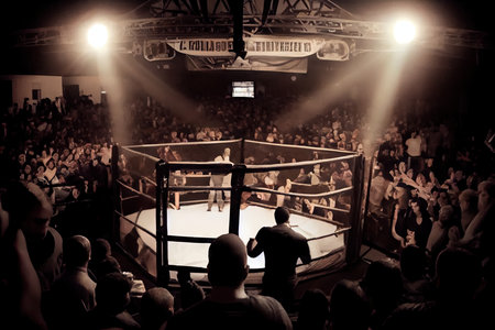 cage fight arena, with audience of people cheering on the fighter in the center, created with generative aiの素材