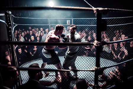 cage fight tournament with fighters showcasing their skills and moves in the cage, created with generative aiの素材