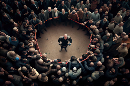ring surrounded by crowd, with fighters ready to battle it out, created with generative aiの素材