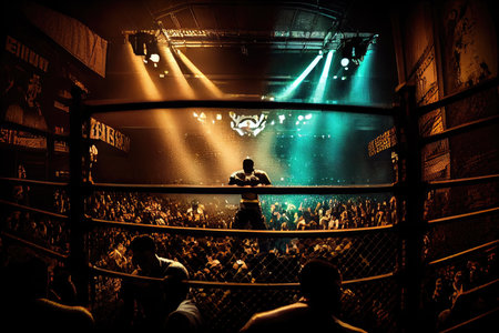 view of cage fight arena, with view of the crowd and dramatic lighting, giving a sense of excitement, created with generative aiの素材
