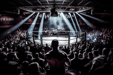 view of cage fight arena, with view of the crowd and dramatic lighting, giving a sense of excitement, created with generative aiの素材