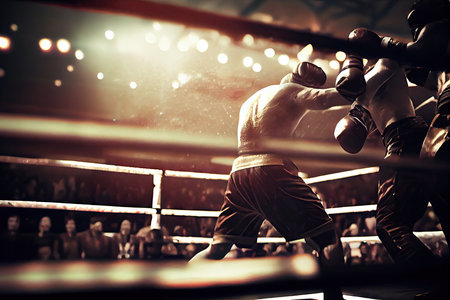 cage fight arena with close-up view of the action, showcasing fierce punches and kicks, created with generative aiの素材