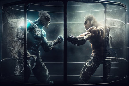 cage fight with larger-than-life fighters battling in futuristic cage, created with generative aiの素材