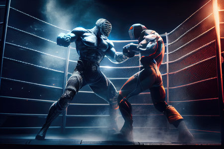 cage fight with larger-than-life fighters battling in futuristic cage, created with generative aiの素材