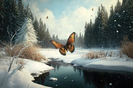 butterfly fluttering over still winter landscape, created with generative aiの素材