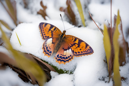 butterfly resting on leaf, surrounded by snow, created with generative aiの素材