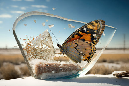 butterfly perched on piece of broken glass, with view of snow-covered field, created with generative aiの素材
