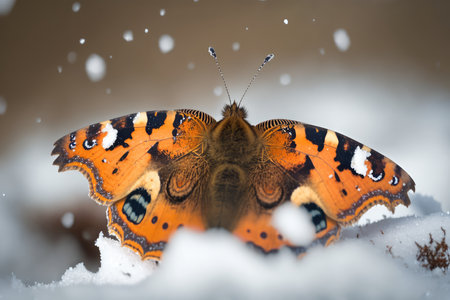 butterfly shivering in the cold, surrounded by snow, created with generative aiの素材