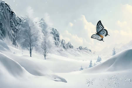 pristine snowscape, with butterfly in flight against the backdrop, created with generative aiの素材