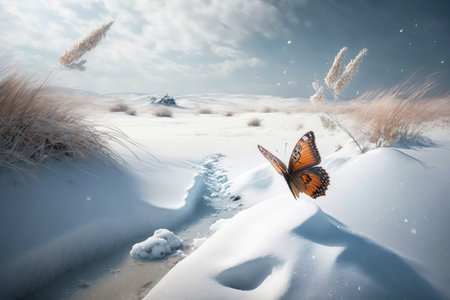 pristine snowscape, with butterfly in flight against the backdrop, created with generative aiの素材