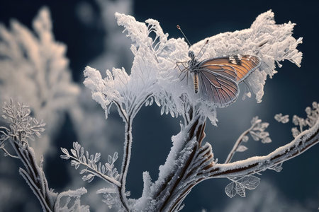 frosted tree, with butterfly perched on branch, created with generative aiの素材