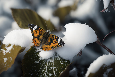 butterfly resting on leaf, surrounded by snow, created with generative aiの素材
