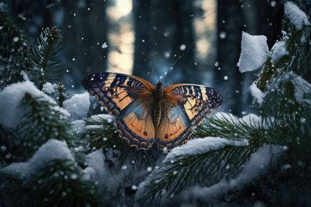 butterfly fluttering amidst the snow-covered forest, surrounded by nature, created with generative aiの素材
