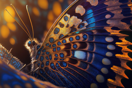 close-up of butterflys wings, with intricate patterns and colors shining in the sunlight, created with generative aiの素材