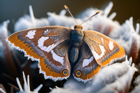 close-up of butterfly with its wings closed, hibernating in winter, created with generative aiの素材