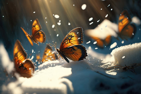 butterflies fluttering amongst winter snow, their wings shining in the sunlight, created with generative aiの素材