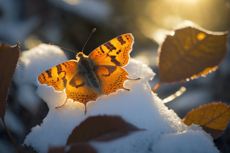 butterfly, perched on snow-covered leaf, basking in winter sunlight, created with generative aiの素材