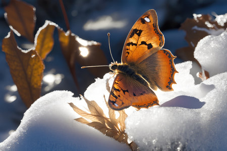 butterfly, perched on snow-covered leaf, basking in winter sunlight, created with generative aiの素材