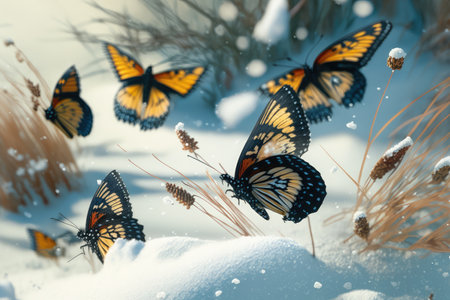 butterflies fluttering over snow-covered meadow, created with generative aiの素材