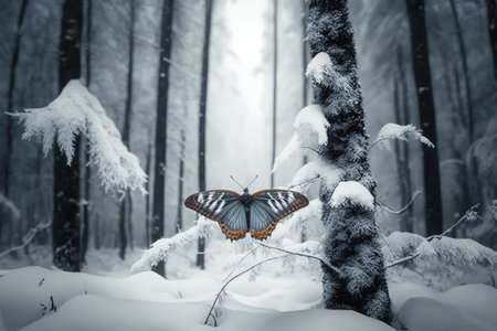frosty forest, with delicate butterfly among the snow, created with generative aiの素材