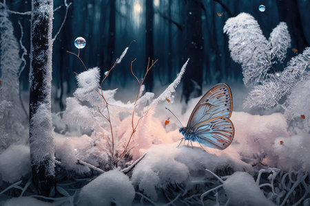 frosty forest, with delicate butterfly among the snow, created with generative aiの素材