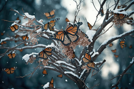 butterflies fluttering amongst the branches of a tree in winter, created with generative aiの素材