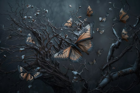 butterflies fluttering amongst the branches of a tree in winter, created with generative aiの素材