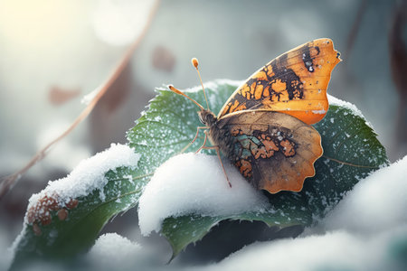 snowy landscape with butterfly perched on leaf, created with generative aiの素材