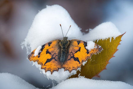 butterfly huddled on cold leaf, surrounded by snow, created with generative aiの素材