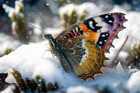 butterfly in snow-covered garden, fluttering its wings, created with generative aiの素材