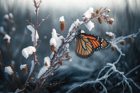 monarch butterfly perched on twig amidst snow-covered landscape, created with generative aiの素材
