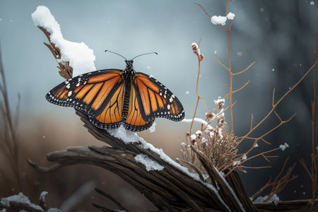 monarch butterfly perched on twig amidst snow-covered landscape, created with generative aiの素材