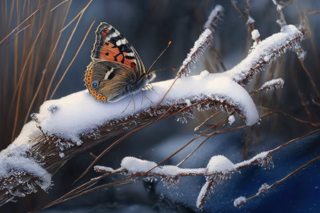winter scene, with butterfly perched on snow-covered twig, created with generative aiの素材