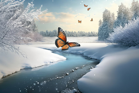 butterfly, fluttering above snowy landscape, in serene and tranquil winter scene, created with generative aiの素材
