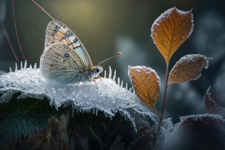 frosty forest, with butterfly perched on dew-covered leaf, created with generative aiの素材