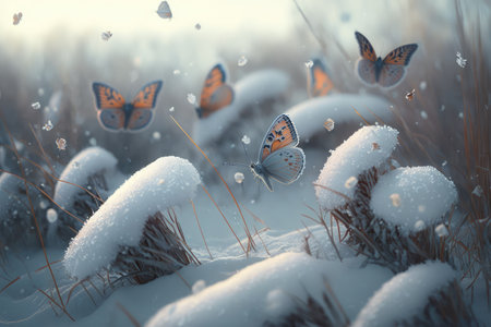 snow-covered field dotted with delicate butterflies, created with generative aiの素材