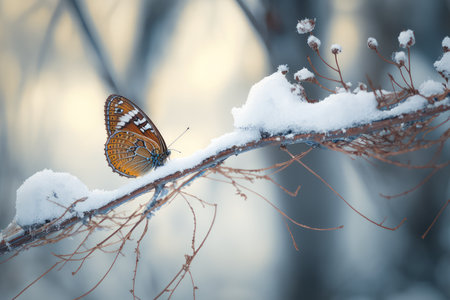 butterfly perched on twig in the snowy woods, created with generative aiの素材