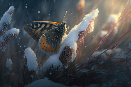unexpected glimpse of butterfly in the midst of wintery landscape, created with generative aiの素材